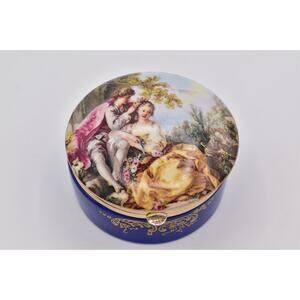 Vintage Porcelain Trinket Oval Box Andrea by Sadek Blue Victorian Couple Hinged